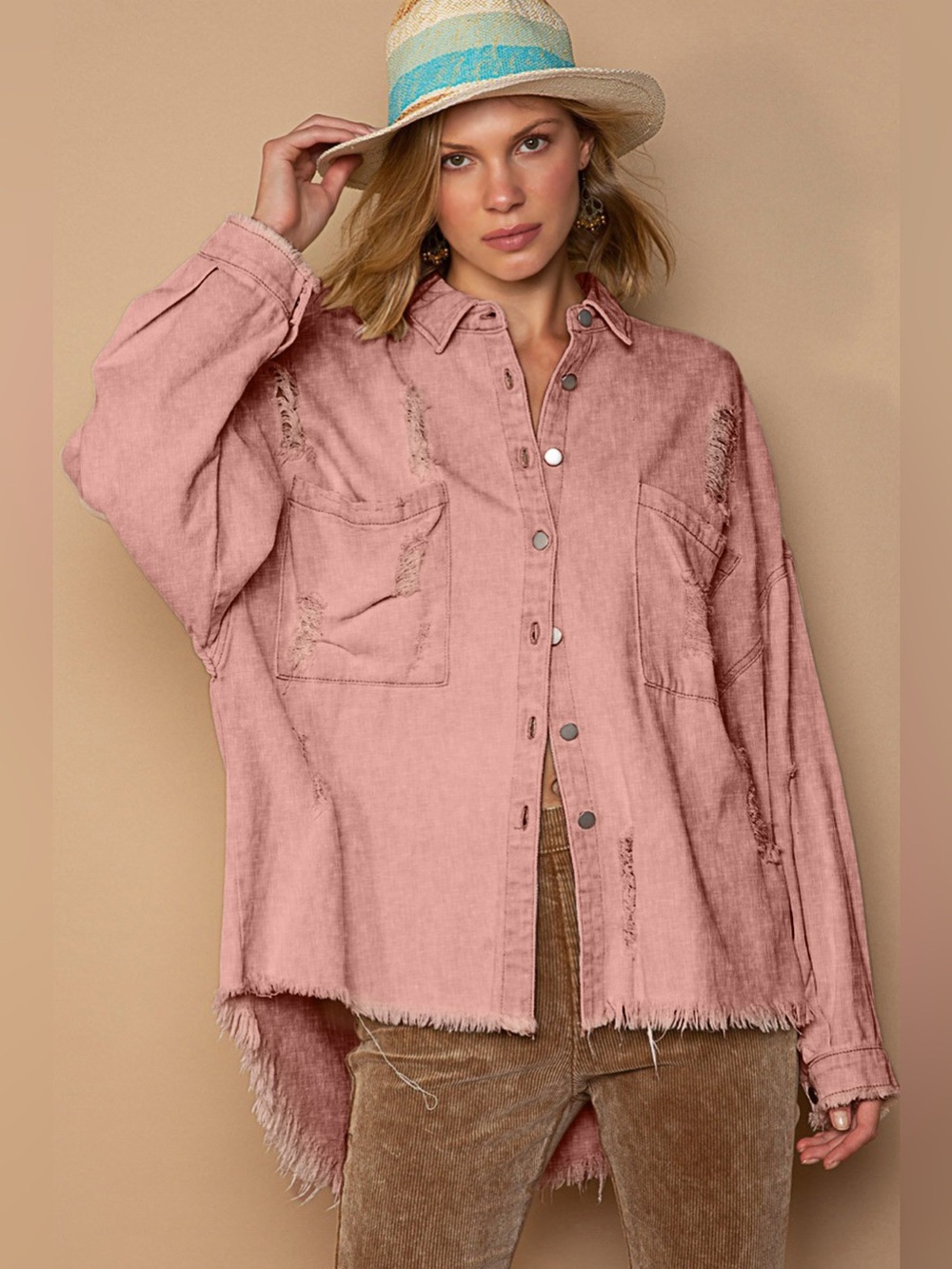 POL Button Down Raw Hem Distressed Shacket - Picture 3 of 3
